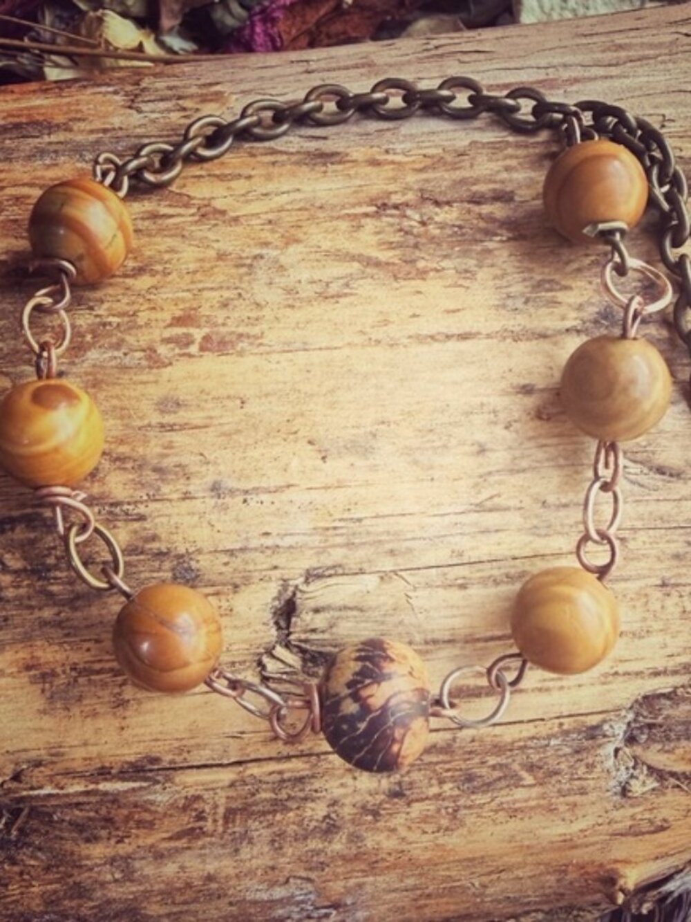 Picture jasper + Brown Bead Chain Bracelet